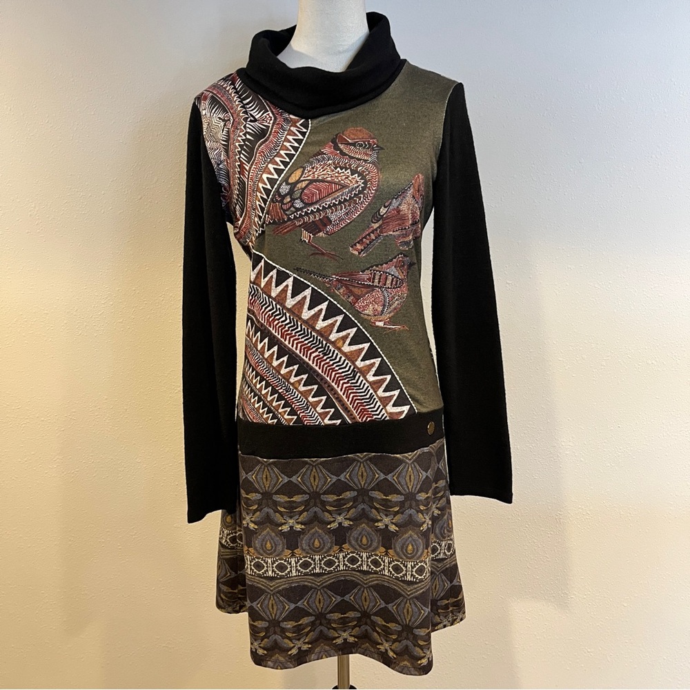 Mismash bird print Long Sleeve‎ sweater Dress with Cowl Neck size small